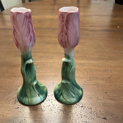 Juego de candelabros de tulipán italiano de cerámica vintage pintado a mano A.H.Macy’s Foto 1 de 4