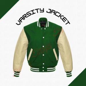 Letterman Baseball Varsity Jacket Green Wool and Genuine White Leather Sleeves - Picture 1 of 6