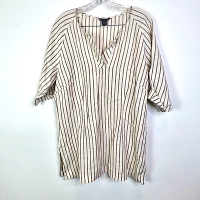 Туника Brooks Brothers XL 100% лен коричневая кремовая в полоску с v-образным вырезом - Изображение 1 из 4