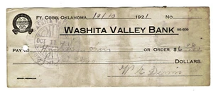 Fort Cobb Oklahoma WASHITA VALLEY BANK check issued 10/10/1921 - Picture 1 of 2