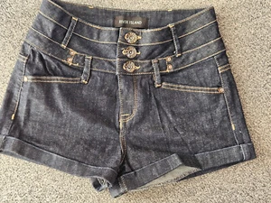River Island - Dark Blue Denim, Turn Up Hem, Deep Waistband Shorts -Size UK10 - Picture 1 of 11