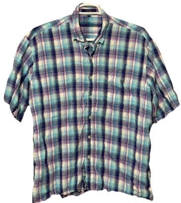 Alan Flusser 100% Linen Short Sleeve Button Down Shirt XL Purple Plaid Blue - Image 1 of 4
