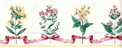 Flower Branches with Bow Ribbon Wallpaper Border Floral Decor Yellow Red Green - Image 1 of 3