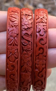 Vintage Chinese Carved Cinnabar Flower & Leaf  Set Of 3 Bangle Bracelets - Picture 1 of 6