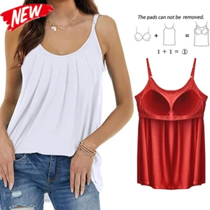 Women Sleeveless Flowy Adjustable Strap Camisole Vest With Built In Bra Tank Top - Picture 1 of 35