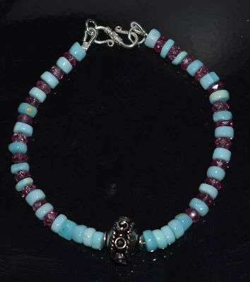 Topaz-Opal Gemstone 925 Fine Silver 4-5 mm Round Cut Beads 9" Strand Bracelet HM - Image 1 of 4