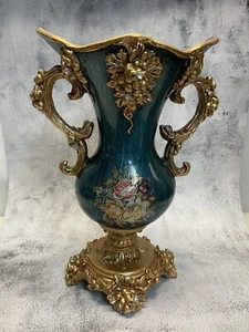 European Resin Elegant Centerpiece Vase Turquoise,Gold Colors. Height 15 Inches - Picture 1 of 7