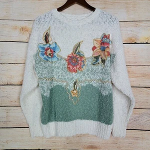 Vintage Needles & Yarn Women’s Sweater Size L White Green Textured Floral Beads - Picture 1 of 7