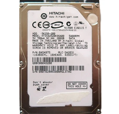 HTS542520K9SA00 PN: 0A54975 MLC:DA2031 (080) 2.5" 200gb Sata 5K250-200 2008 - Image 1 of 2