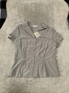 New Casual Corner Women’s Button Down Short Sleeve Gray Silk Shirt Top Size 14 - Picture 1 of 7