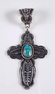 Terry Martinez Navajo Sterling Silver Cross Pendant Kingman Turquoise Handmade - Picture 1 of 8