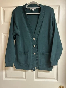 OHI Vintage Chunky Knit Green Cardigan Sz Large Grandma Core Boyfriend Sweater - Picture 1 of 11