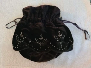 Early 1900s Vintage Antique Beaded Black Velvet Pouch Drawstring Bag - Picture 1 of 4