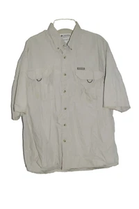 Columbia Fishing Shirt Mens L Beige Tan Cotton Button Up Short Sleeve Pockets - Picture 1 of 6