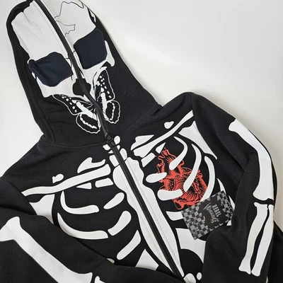 Rebel Vengeance Sudadera con Capucha Para Hombres Pequeña Negra Esqueleto Máscara Facial Huesos Cremallera Completa Punk  Foto 1 de 4