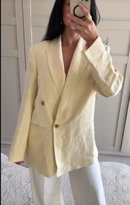 ZARA BNWT 2025 BUTTER YELLOW MINIMAL LINEN BLAZER ZW COLLECTION SIZE XS 3014/793 - Picture 1 of 4