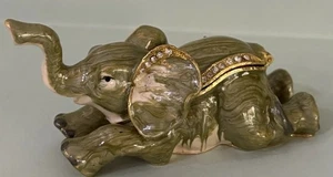 Lounging Elephant Trunk Up Enameled Metal Jeweled Trinket Box with Crystals - Picture 1 of 13