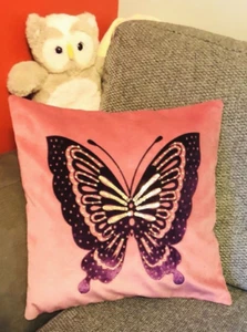 Pink & Purple butterfly Velvet Decorative pillow throw Cover with shiny stones. - Picture 1 of 5