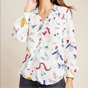 Anthropologie Maeve Snow Day Neuheit Druck Bluse Größe 8 - Bild 1 von 7