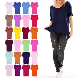 Women Fit Turn up Batwing Sleeve Top Ladies Oversized Baggy Loose T-Shirt V Neck - Picture 1 of 26