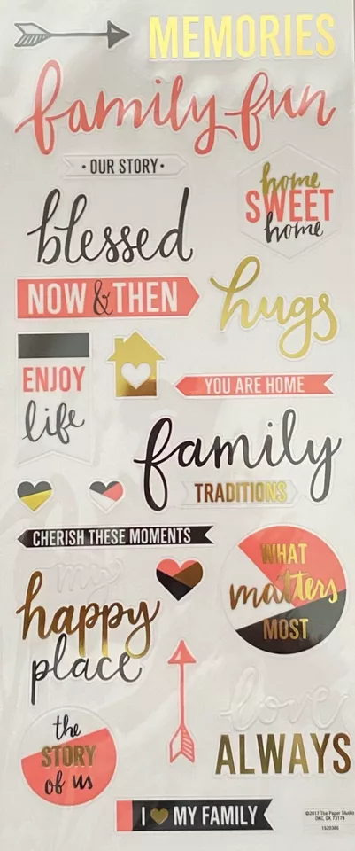 Family Fun Memories Blessed Phrase Word Gold Foiled Scrapbook Stickers 5”x12” - Image 1 of 1