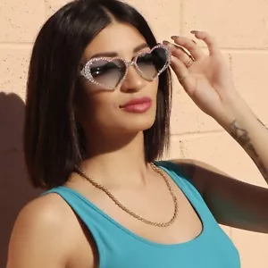 True Love Heart Sunglasses Encrusted with Multi-Color Rhinestones on Blue Lens - Picture 1 of 6