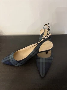 isaac mizrahi SIZE 8.5 KITTEN HEELS OPEN/SLING BACK NAVY GREEN PLAID - Picture 1 of 8
