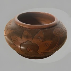 Hand Turned Carved Wooden Gosh Flowers Design Decorative Antique Bowl - Picture 1 of 8