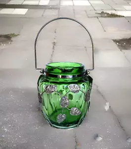 1970s Emerald Green Glass Candy/Biscuit Jar w/Silver Metal Leaf Decorations 5+" - Picture 1 of 13