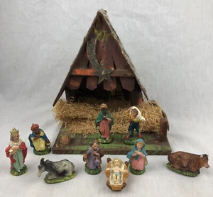 Vintage Nativity Scene Set Italy 16 Pieces w/ Wood Stable Wiseman Donkey Cow  - Picture 1 of 12