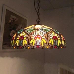 Floral Design Dark Bronze Pendant Tiffany Style Stained Glass Ceiling Light - Picture 1 of 4