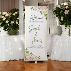 Roller Banner Pull Up Banner Pop Up Exhibition Party Wedding Sign White Floral - Picture 1 of 7