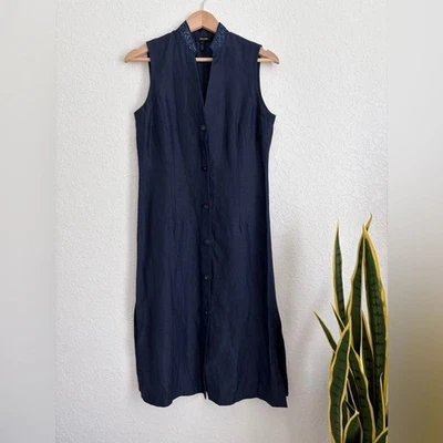 Escada Navy Blue Silk Linen Midi Shirt Dress Sequin Detail Size 34 / US XS - Image 1 of 4