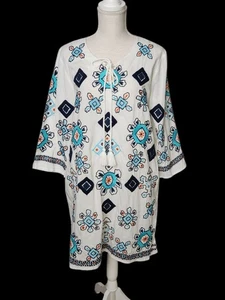 Frances Valentine L Large Caftan Tunic White Turquoise Embroidered Cotton Dress - Picture 1 of 9