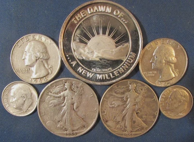 LOT 6 US SILVER COINS  & 1 OZ 999 SILVER 2000 MILLENNIUM ROUND 1944S 1946 HALF $ - Image 1 of 3