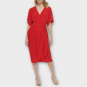 Tommy Hilfiger Pleated Midi Dress Women’s Size 2 Red Matte Jersey Workwear - Picture 1 of 11