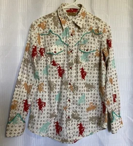 Vintage Wrangler Wensten Shirt Cowboy Colors Horses pattern, Snap Botton Sz S. - Picture 1 of 10
