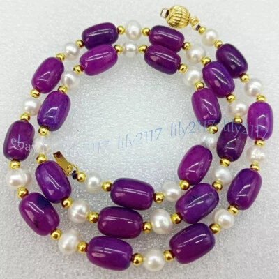 Cuentas de piedras preciosas de barril de Sugilita púrpura natural de 8x12 mm 6-7 mm collares de perlas blancas Foto 1 de 4