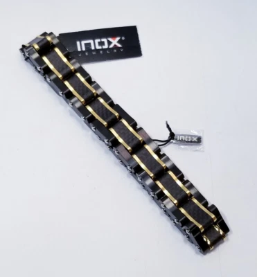 Pulseira de fibra de carbono preta inox com link IP dourado 8,75-8,25" - Imagem 1 de 4