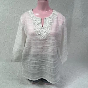 Alfred Dunner Womens Top 10 White Stripe Beaded Bodice Peasant Boho 3/4 Sleeve - Picture 1 of 21