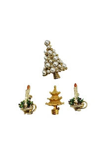 4 Gold-Plated Holiday Themed / Christmas Tree / Seasonal Candles Pins - Picture 1 of 5