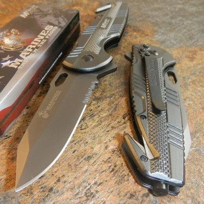 Cuchillo de rescate de apertura asistida por resorte gris con licencia oficial MTECH USMC Marines Foto 1 de 2