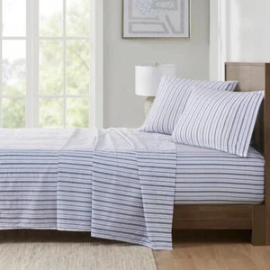Madison Park Essentials 200TC Printed Cotton Queen Bue Stripe Sheet Set - Picture 1 of 5