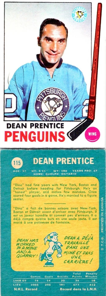VINTAGE HOCKEY CARD OPC 1969 PITTSBURGH PENGUINS DEAN PRENTICE NO1908 - Image 1 of 1