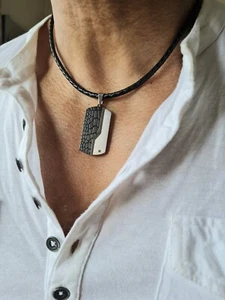Mens dog tag Necklace,Stainless steel Pendant,black,diamante,any lenghth,leather - Picture 1 of 9