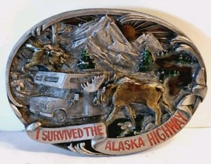 Vintage 1992 "I Survived The Alaska Highway" metallfarbene Gürtelschnalle - Bild 1 von 6