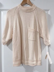 NEW VINTAGE Christie & Jill Women Top Beige Sweater Rib Knit Short Sleeve Sz Med - Picture 1 of 5