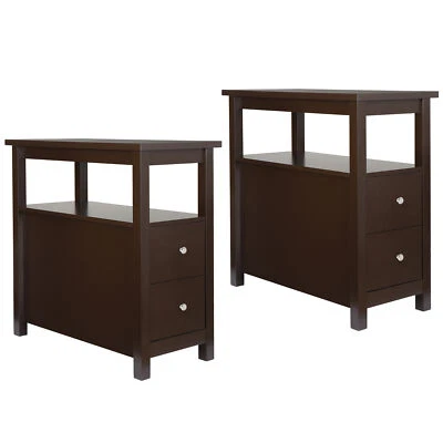 Set of 2 End Tables 3 Tier Narrow Side Table w/ 2 Drawer and Storage Shelf Brown - Image 1 of 4