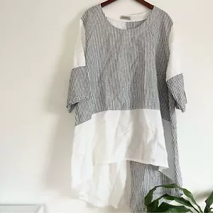 Ellamoda 100% Linen Striped Solid White Navy Blue Layered Tunic Lagenlook L/XL - Picture 1 of 11