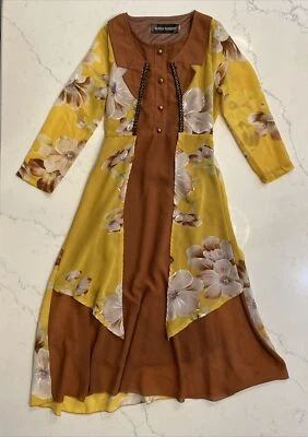 Sunda Fashion Girls Dress Size 9 Yellow Brown Long Indian Style Floral Dressy - Image 1 of 4